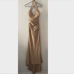 Formal gold champagne satin halter ruched gown dress